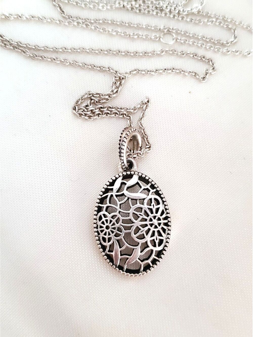 Pandora Sterling Floral Filigree Oval Pendant Necklace